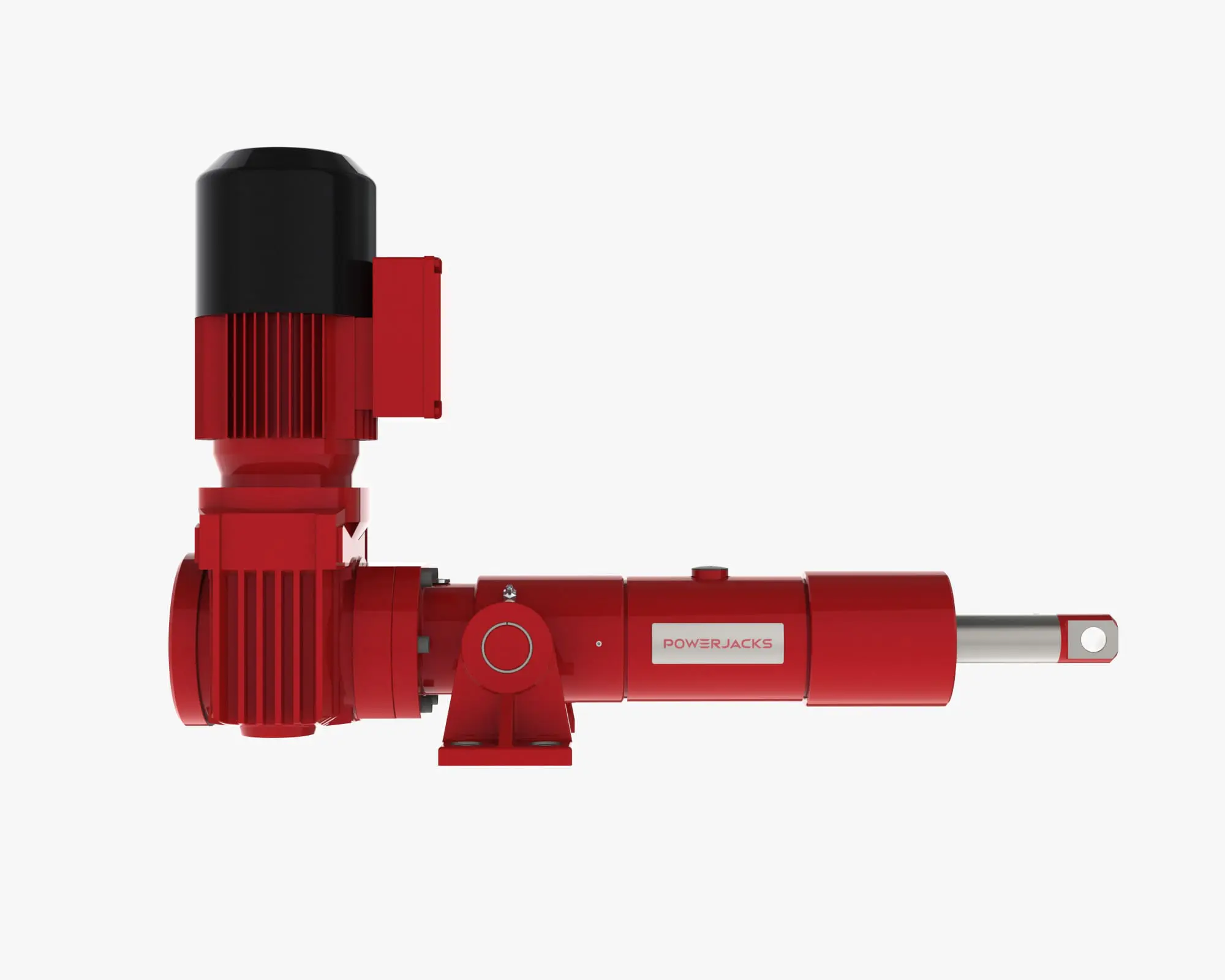 Rolaram Electric Linear Actuator, Right Angle Motor Drive, Clevis, Trunnion, Side View